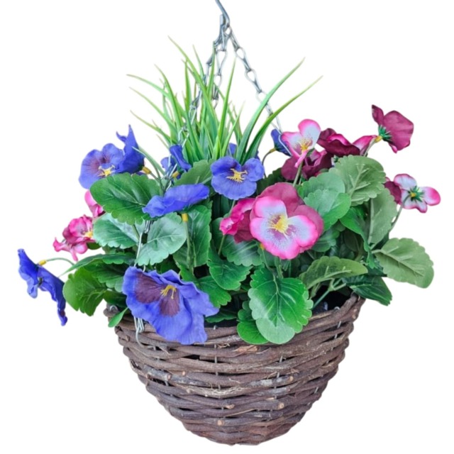 Best Artificial Plum & Lilac Pansy Flower with Decorative Rattan Hanging Basket for Indoor or Outdoor Use Purple Plum & Lilac 1