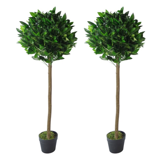 120cm Leaf Design UK Pair of Artificial Bay Topiary Ball Trees Green 4ft