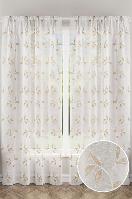 "Oasis Natural Embroidered Leaf Design Voile Panels - Pair 140 x 137cm (55x54"") Brown Natural 2"