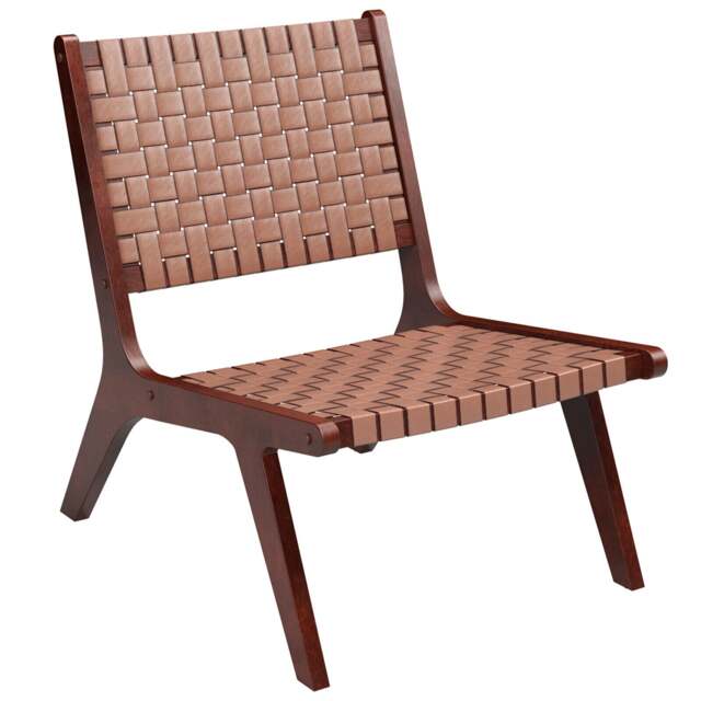 COSTWAY Modern Lounge Chair Woven Leather Accent Chair Armless Reading Side Chair Brown