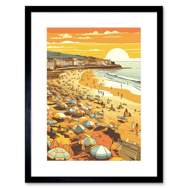 "Summer Sunset at Busy Sandy Promenade Beach 9x7"" Black Framed Wall Art Print"