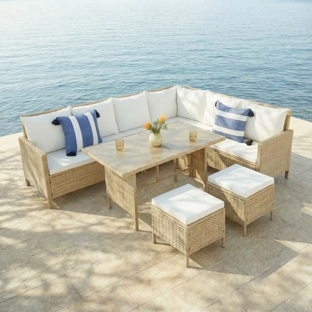 Thalia Rattan Garden Corner 8 Seater Outdoor Dining Set with Glass Table. Natural Premium Rattan with Weatherproof Cushions
