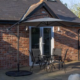 Outdoor 4 Person Round Glass Top Garden Dining Table Chairs With Grey Banana Parasol and Base