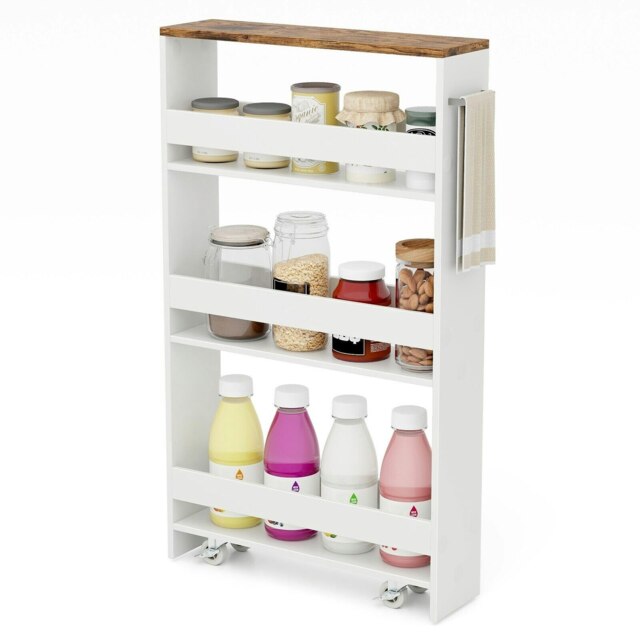 COSTWAY 4-Tier Slim Storage Cart with Open Shelves White Brown