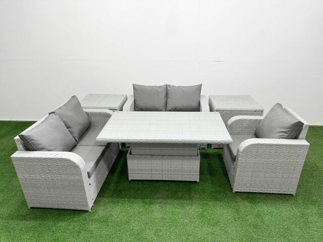 Fimous High Back Poly Rattan Garden Furniture Set with Reclining Chair Loveseat Sofa Adjustable Lifting Dining or Coffee Table Indoor Outdoor Patio Set 2 Side Table Light Grey
