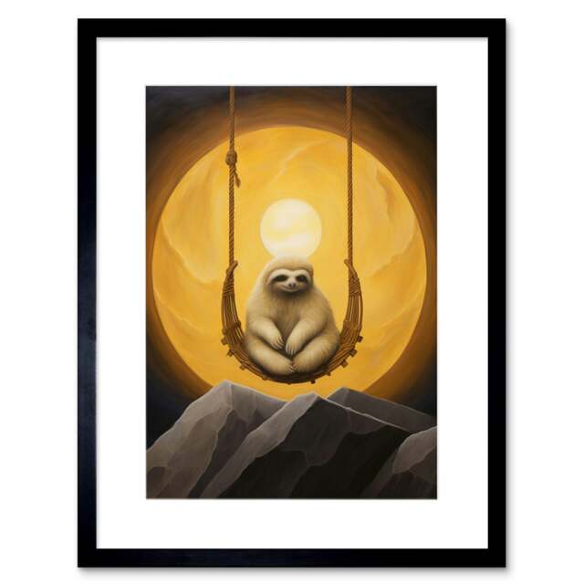 "Lazy Overlord Sloth at Full Moon Abstract 9x7"" Black Framed Wall Art Print"