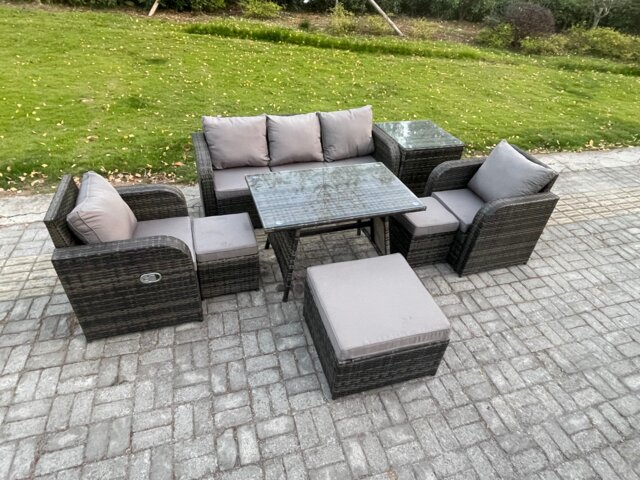 Fimous 8 Seater Rattan Wicker Garden Furniture Patio Conservatory Sofa Set with Rectangular Dining Table Reclining Chair 3 Seater Sofa 3 Footstools Side Table