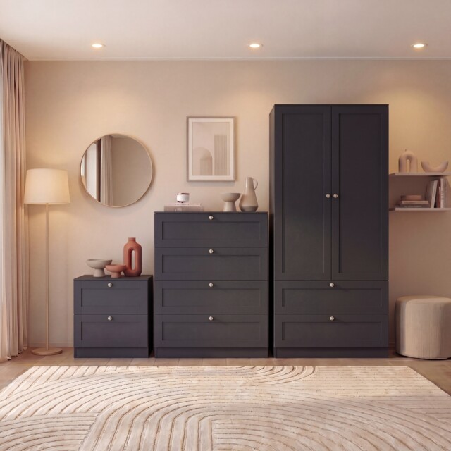 Vida Designs Altino 3 Piece Bedroom Set (3 Drawer Bedside, 4 Drawer Chest, 2 Door 2 Drawer Wardrobe), Black