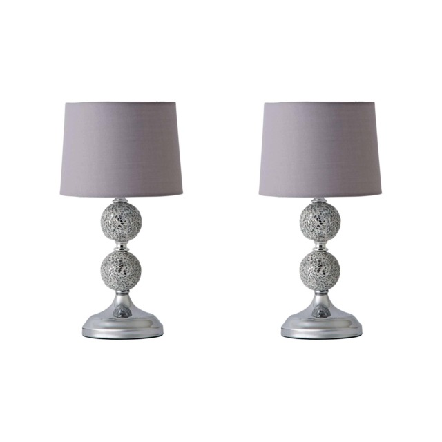 ValueLights Harmony Pair Chrome & Mosaic Crackle Glass Table Lamps with a Grey Shade & Bulb