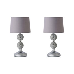 ValueLights Harmony Pair Chrome & Mosaic Crackle Glass Table Lamps with a Grey Shade & Bulb