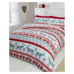 Rapport Scandi Brushed Cotton Christmas Duvet Cover Set - White/Red/Blue - Double White Double