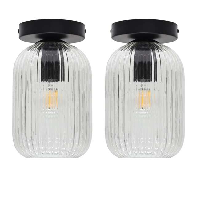 Set of 2 Batley - Clear Ribbed Glass Black Ceiling Light Fittings