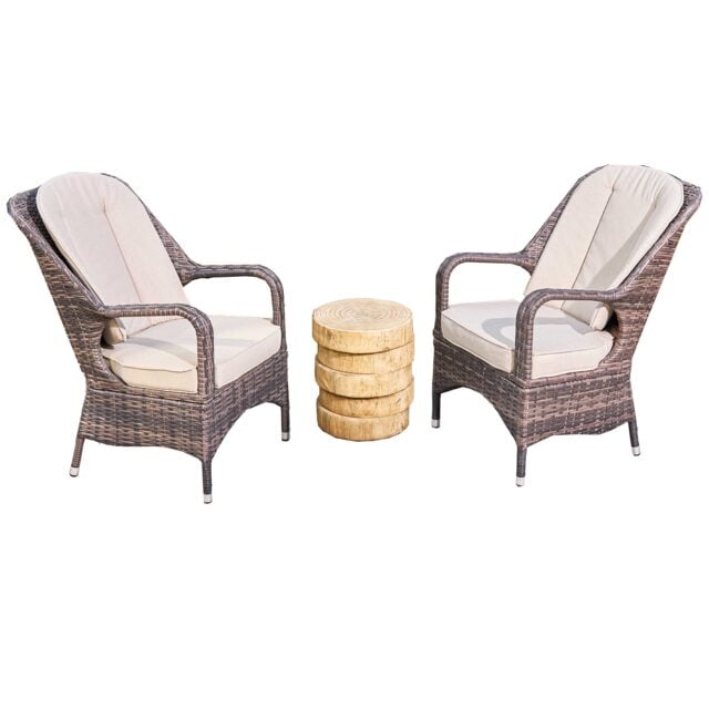 Direct Wicker 2-Piece Outdoor PE Rattan Dining Chairs with a Wooden-colored Terrafab Composite Tea Side Table Brown