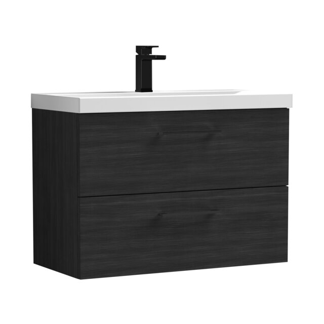 Balterley Wall Hung Bathroom 2 Drawer Vanity Unit and 1 Tap Hole Ceramic Basin, with Handles Black