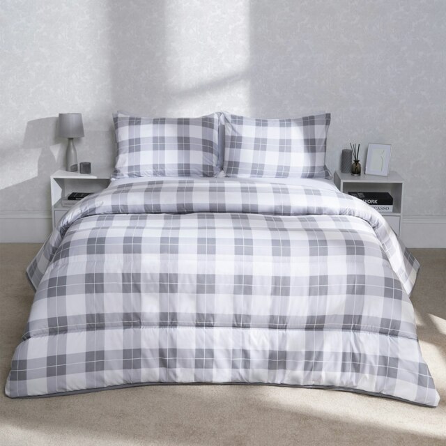 OHS Reversible Coverless 10.5 Tog Soft Plush All Year Round Duvet Cover and Pillowcase Bedding Set Grey Grey Gingham Double
