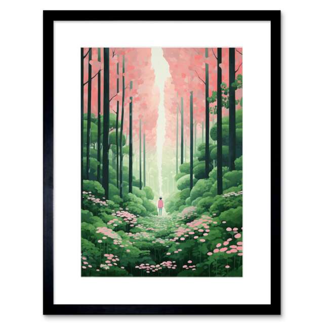 "Mount Yoshino Cherry Blossom Tree Forest 9x7"" Black Framed Wall Art Print"