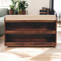 Artisan Furniture Solid mango wood California Walnut & Mud Linen Pull out Shoe Bench