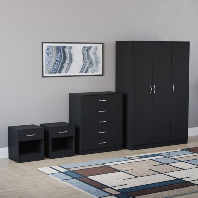 Vida Designs Riano 4 Piece Bedroom Set (2x 1 Drawer Bedside Chest, 5 Drawer Chest, 3 Door Wardrobe) - Black