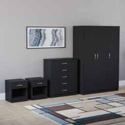 Vida Designs Riano 4 Piece Bedroom Set (2x 1 Drawer Bedside Chest, 5 Drawer Chest, 3 Door Wardrobe) - Black