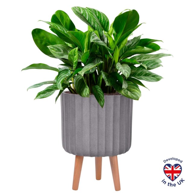 Modern Ribbed Taupe Cylinder Planter on Legs, Round Pot Plant Stand Indoor D24 H32 cm, 7.6 ltrs Cap.