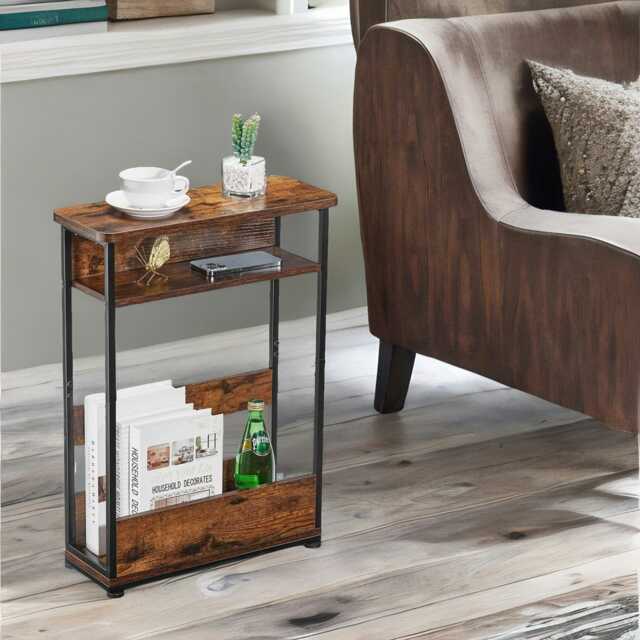 Industrial Rustic 3 Tier Side Table With Magazine Rack Brown