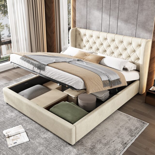 135 x 190 cm Upholstered Ottoman Bed Frame with Hydraulic Lift Up Storage Velvet Double Bed with Headboard Without Mattress Beige
