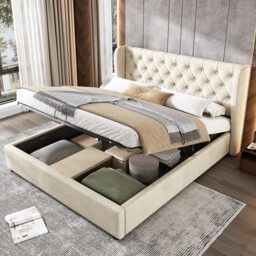 135 x 190 cm Upholstered Ottoman Bed Frame with Hydraulic Lift Up Storage Velvet Double Bed with Headboard Without Mattress Beige