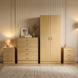 Vida Designs Riano 4 Piece Bedroom Set (2x 3 Drawer Bedside Chest, 5 Drawer Chest, 2 Door Wardrobe) - Pine