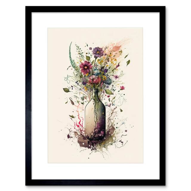 "Spring Wildflower Floral Bouquet a Wine Bottle 9x7"" Black Framed Wall Art Print"