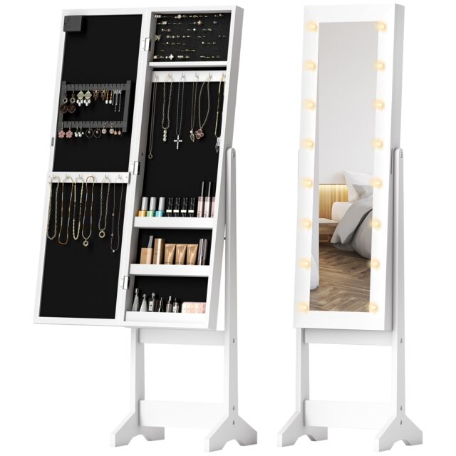 HOMCOM Freestanding Mirror Jewelry Cabinet with LED Lights, Jewellery Organiser with 3 Angle Adjustable, Full-Length Mirror with Storage for Earrings, Necklaces, Rings and Lipsticks, Warm White