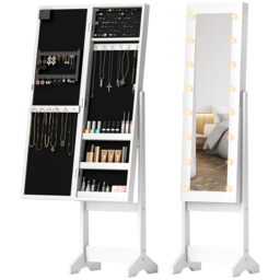 HOMCOM Freestanding Mirror Jewelry Cabinet with LED Lights, Jewellery Organiser with 3 Angle Adjustable, Full-Length Mirror with Storage for Earrings, Necklaces, Rings and Lipsticks, Warm White