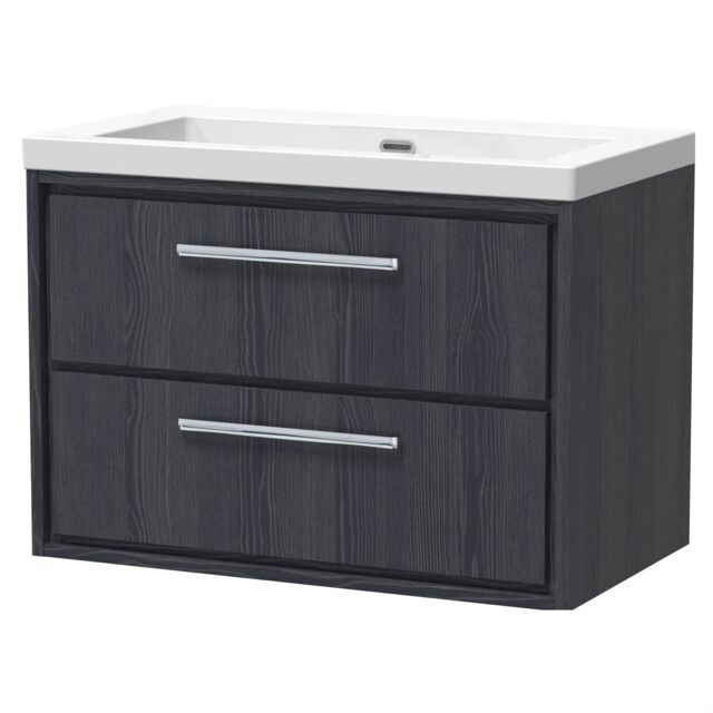 Balterley Longnor 2 Drawer Wall Hung Vanity Unit with 1 Tap Hole Modern Fireclay Basin, Woodgrain Graphite Grey, 800mm