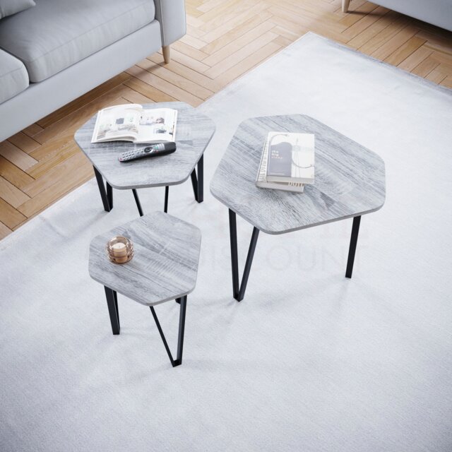 Vida Designs Brooklyn Nest of Tables 3 Piece Set Nesting Sofa Bedside Side Table, Grey