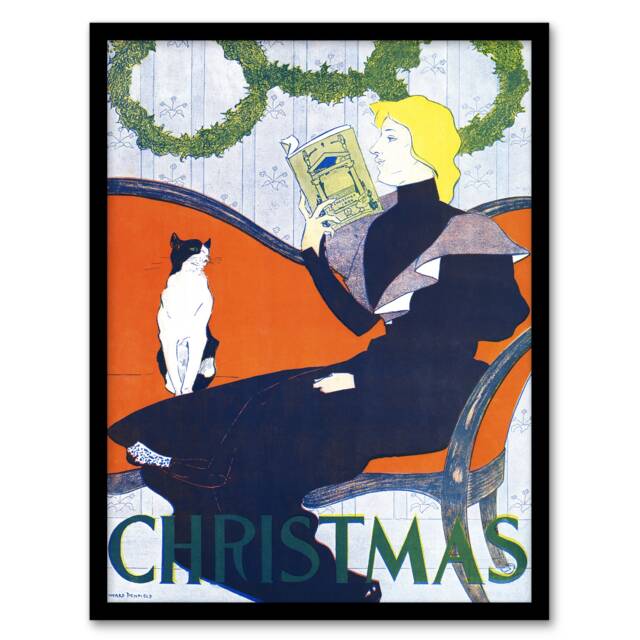 "Vintage Christmas Woman With Cat Vintage Framed Wall Art Print Penfield 12x16"""