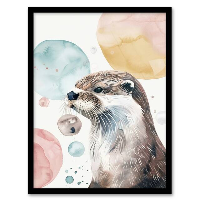 Otter Portrait Modern Watercolour Bubbles Black Framed Wall Art Print A4