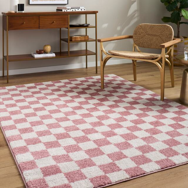 LIVABLISS Fossay Shaggy-Washable Modern High Pile Checkered Rug 160 x 213 cm Pink Ivory