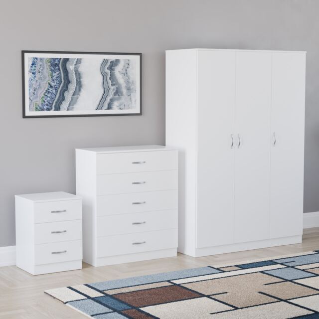 Vida Designs Riano 3 Piece Bedroom Set (3 Drawer Bedside Chest, 5 Drawer Chest, 3 Door Wardrobe), White (5)
