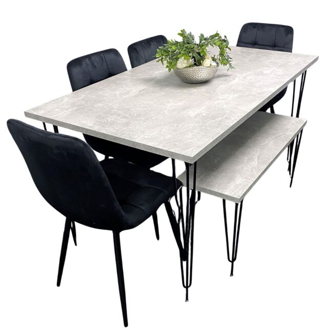Grey Dining Table with Hairpin Legs, Bench & 4 Black Velvet Chairs Set for Kitchen & Dining Room