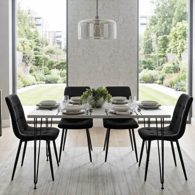 Grey Dining Table with Hairpin Legs, Bench & 4 Black Velvet Chairs Set for Kitchen & Dining Room