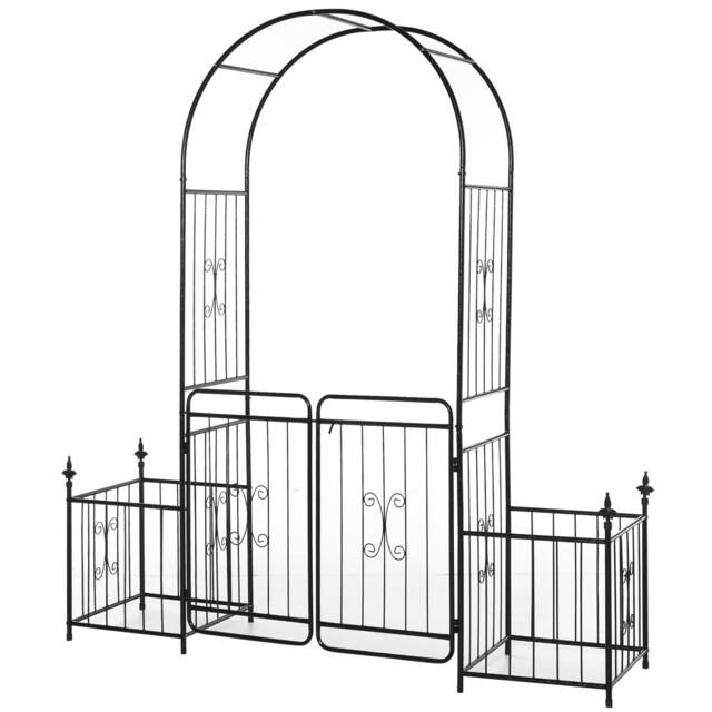 Outsunny Metal Garden Arbor Arch Gate w/ 2 Side Planter Boxes & Vine Frame Black