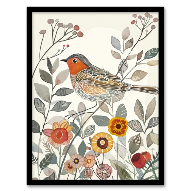 Orange Headed Thrush Bird Garden Flowers Bright Folk Art Black Framed Wall Art Print A4