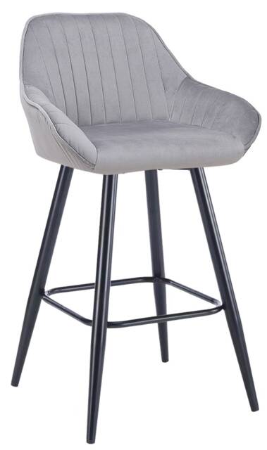 Velluto Velvet Kitchen Bar Stool, Powder-Coated Black Fixed Legs With Footrest, Velvet Padded Seat, Backrest & Armrest, Grey