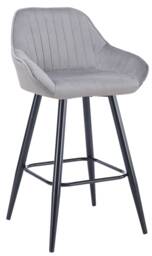 Velluto Velvet Kitchen Bar Stool, Powder-Coated Black Fixed Legs With Footrest, Velvet Padded Seat, Backrest & Armrest, Grey