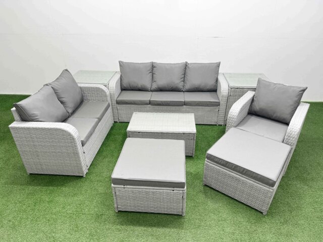 Fimous Patio PE Wicker 8 Seater Outdoor Rattan Furniture Sofa Sets with Rectangular Coffee Table Reclining Chair Loveseat Sofa 3 Seater Sofa 2 Big Footstools 2 Side Table Light Grey