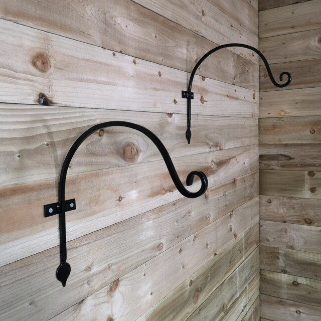 Pack of 2 Tom Chambers Heavy Duty Handcrafted Metal 38cm Black Wall Bracket Hook For Garden Hanging Basket Bird Feeder Black Black