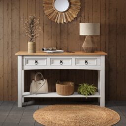 Mercers Furniture Corona White 3 Drawer Console Table 1 Shelf Hallway Side Unit Solid Wood Pine Wooden with Mexican Styling