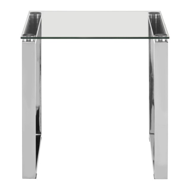 Shiny Silver Finish Square End Table,Minimalist Side Table With Stainless-Steel Legs,Glass Top Small Table Silver
