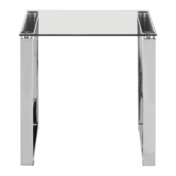 Shiny Silver Finish Square End Table,Minimalist Side Table With Stainless-Steel Legs,Glass Top Small Table Silver
