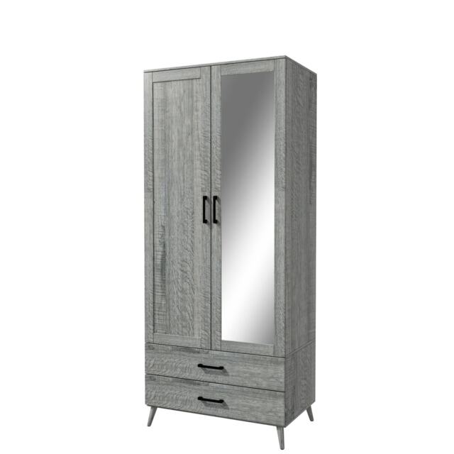 2-Door 2-Drawer Mirror Wardrobe with Legs Grey Ash Grey & Ash Grey 55 x 9.5 x 149 1