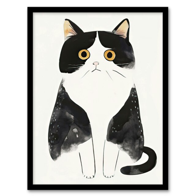 Tuxedo Cat Lover Cute Black White Pet Yellow Eyes Black Framed Wall Art Print A4